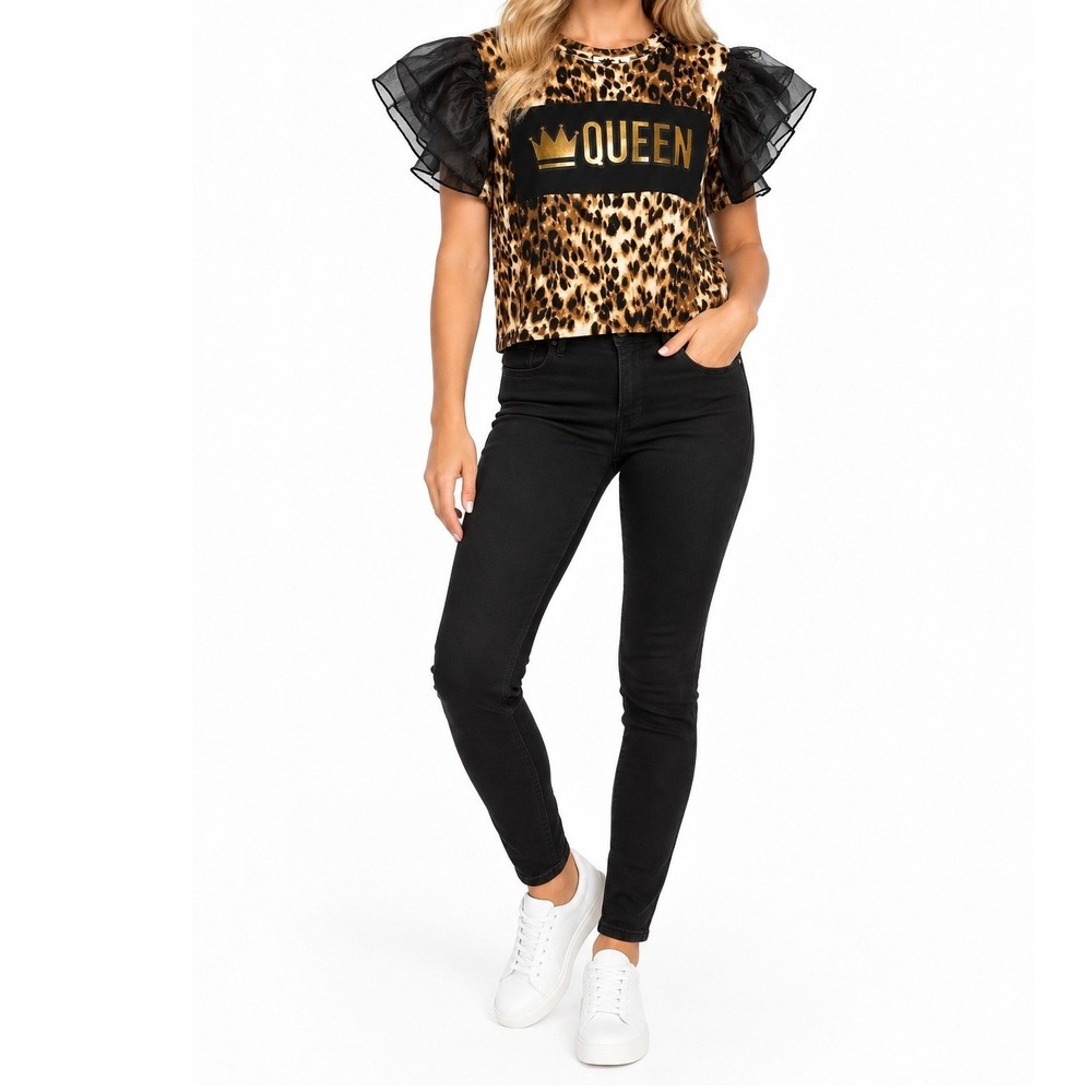 Love J Leopard Print Queen Graphic Top Women Size L Brown Black Ruffle Sleeve